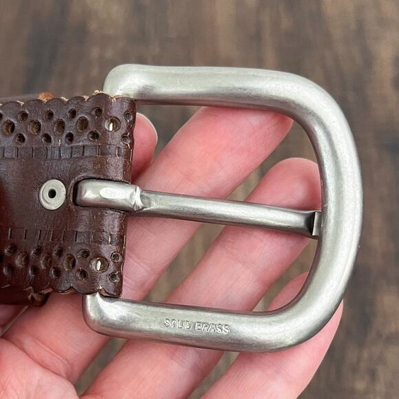 Laser Cut Belt Scallop Edge Bonded Leather Solid Brass Buckle Size Medium Brown - Picture 7 of 14